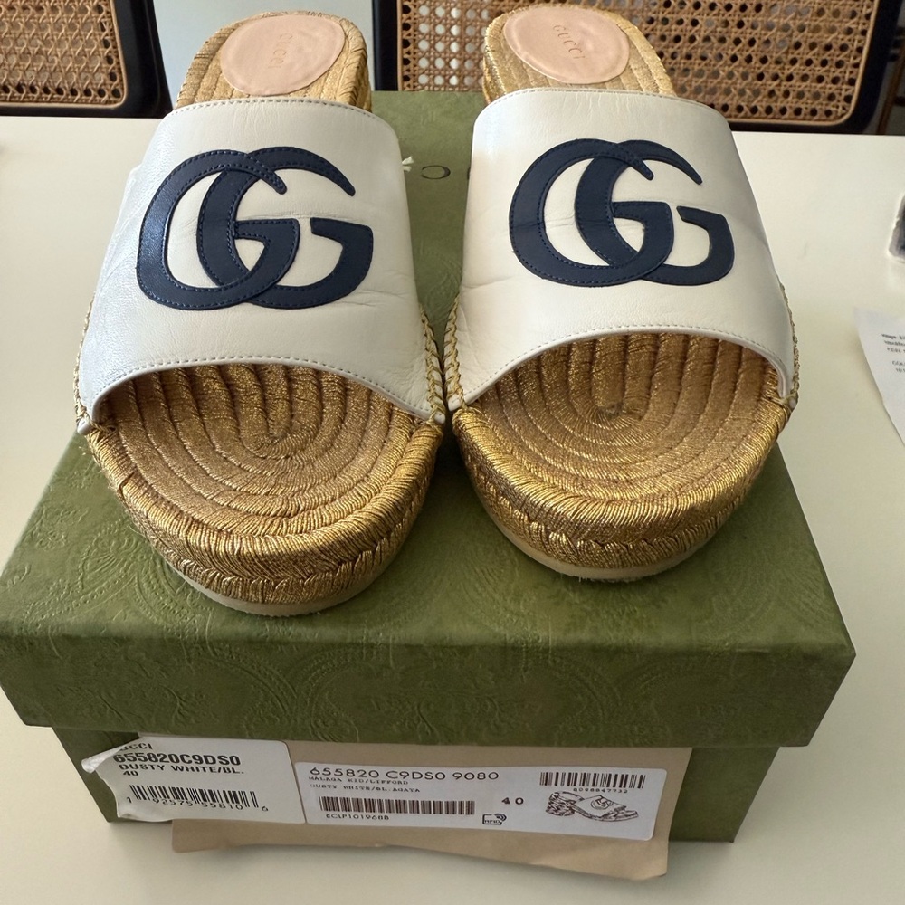 Gucci Cream and Gold Espadrille Slides